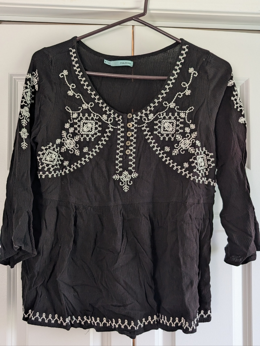 Maurices Black Embroidered V-Neck Peasant Top